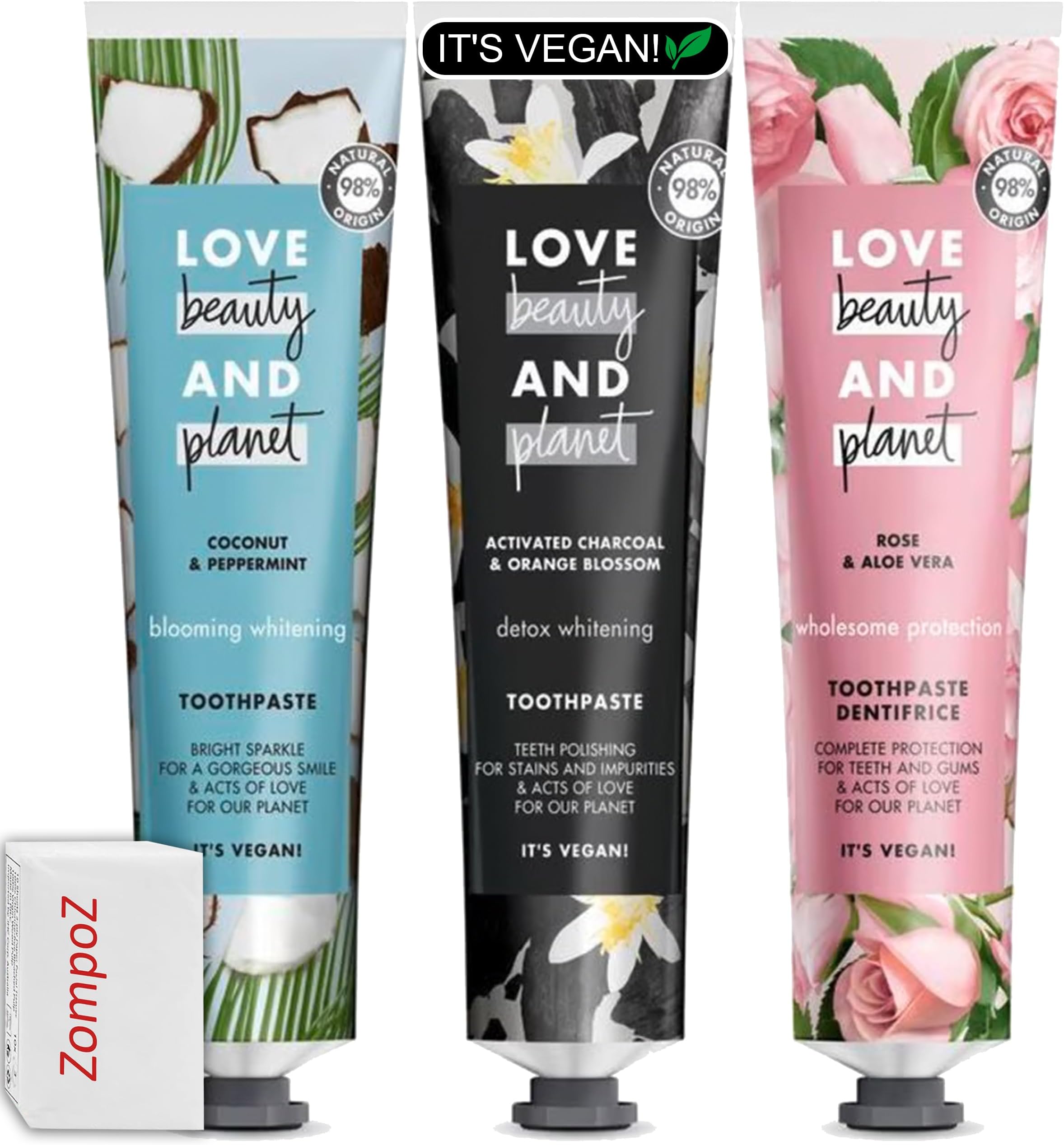Love Beauty Planet Natural Vegan Toothpaste, Variety 3 Pack, Includes Activated Charcoal, Peppermint, Rose, Detox Whitening Toothpaste, Assorted Flavors, 2.5 Oz with Zompo-Z Tissues