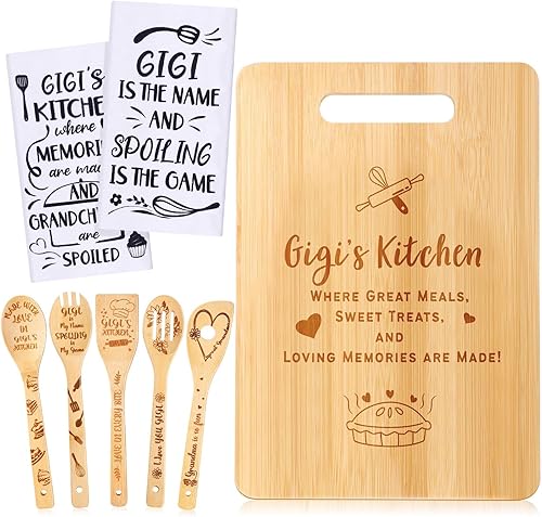 Juego de 8 piezas de regalo Gigi, toallas de cocina Gigi, cucharas de bambú Gigi para cocinar, utensilios de cocina de bambú, tabla de cortar de