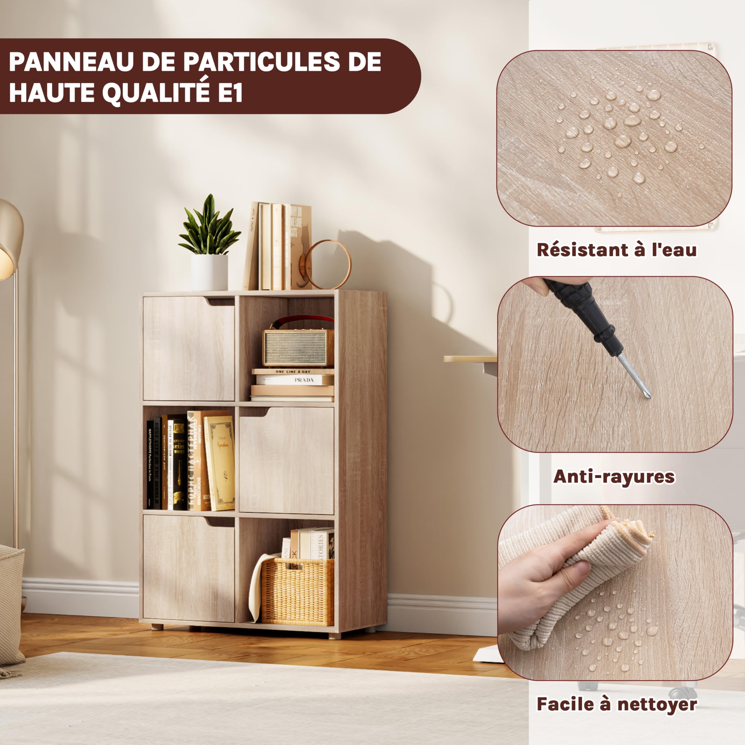 WOLTU Bibliothèque Armoire Etagère de Rangement 59,6x29x91cm en MDF pour Salon Bureau avec 3 Portes 6 Compartiments,Chêne Clair