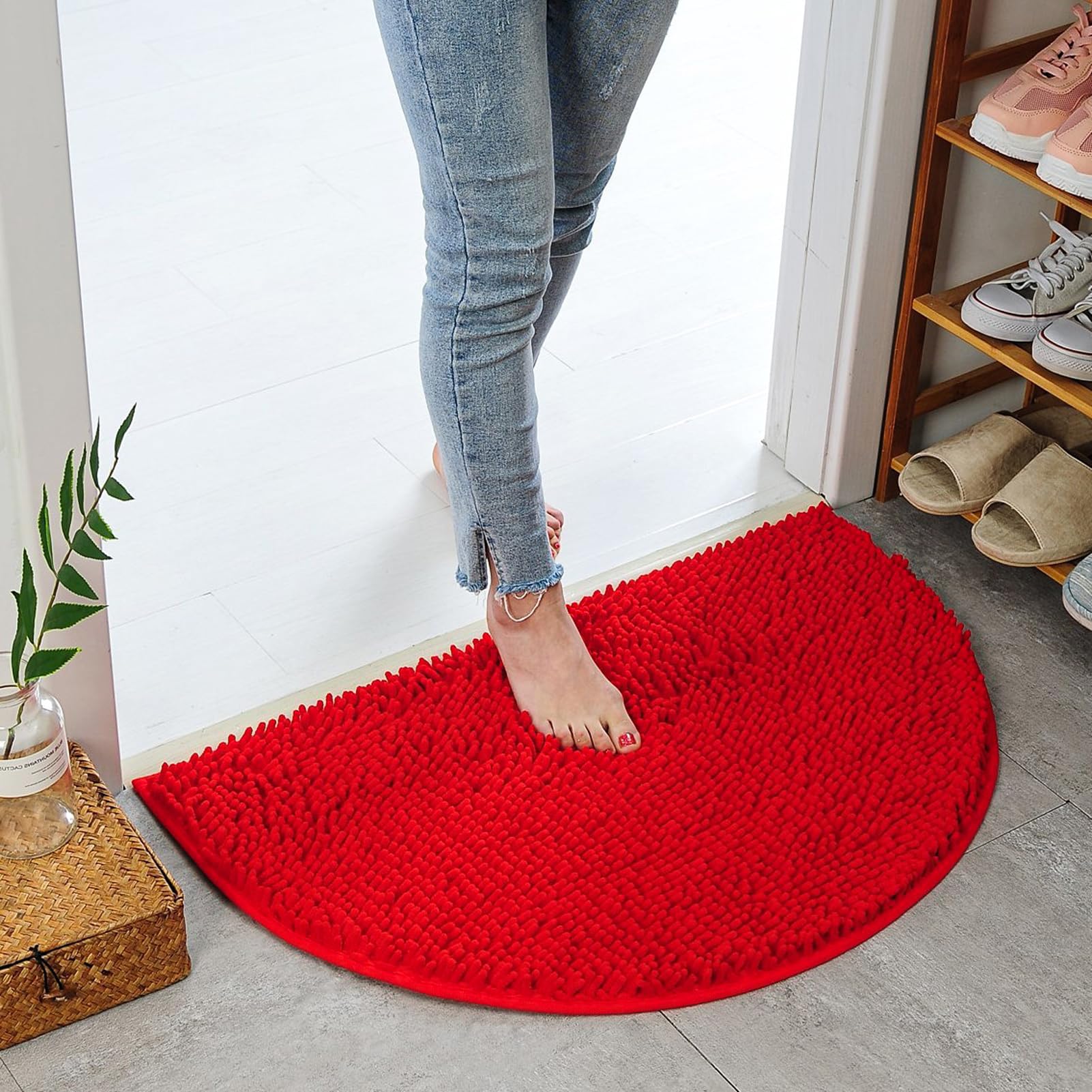 Eanpet Half Round Bath Mat Red Bathroom Rugs Semicircle Chenille Bath Rugs Water Absorbent Floor Mats for Kids Washable Bathroom Shower Mat Area Rugs
