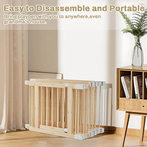 Miniatura 7 de Corralito grande de madera para bebés, puerta ajustable para niños pequeños y bebés, patio de juegos plegable con puerta, área de juego segura para