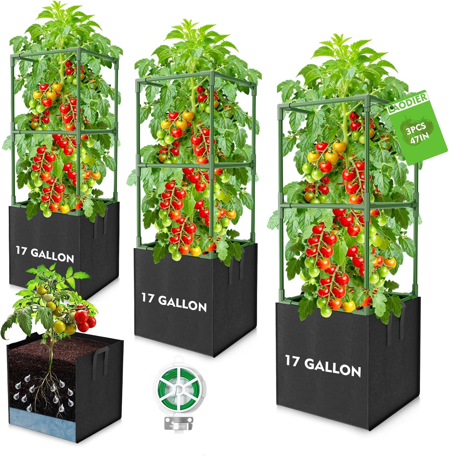 3 Pack Tomato Cages, Square Tomato Trellis with 17 Gallon Grow Bags,47IN Tall Heavy Duty Tomato Plant Support Stakes for Garden Climbing Vegetables Flowers Fruits (Extra-Bold, 3 Pack)