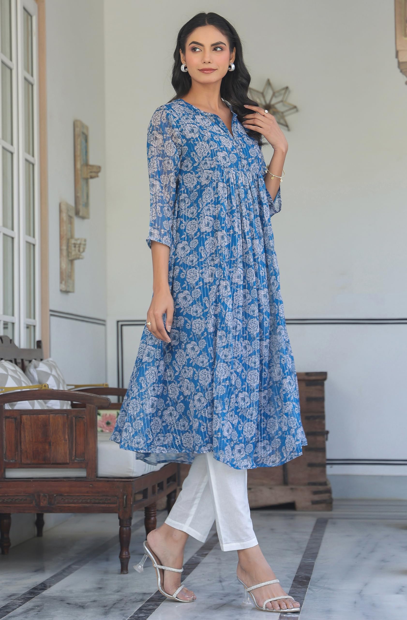 Janasya Women's Chiffon Lurex Floral Printed A-line Kurta product image 2