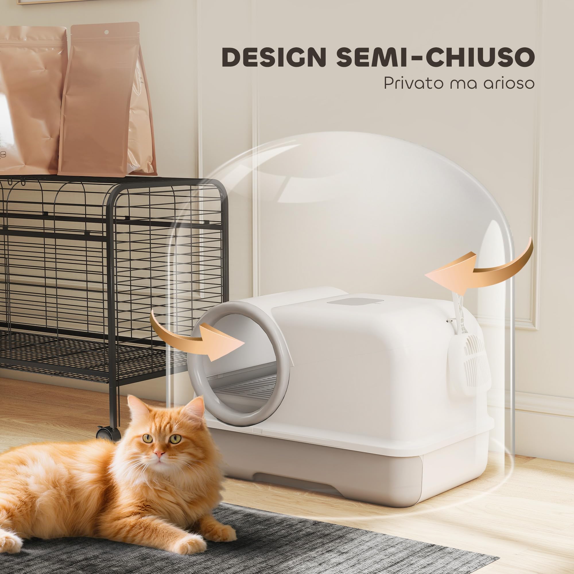 PawHut Lettiera per Gatti con Coperchio, Facile da Pulire, Bianco e Grigio | Toilette per Gatti, Vassoio con Paletta, Sacchetti Deodoranti