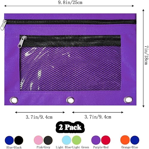 Miniatura 9 de Estuche para lápices de 3 anillas, paquete de 2 bolsas para lápices con cremallera, estuche con doble bolsillo y ventana de malla (negro y azul)