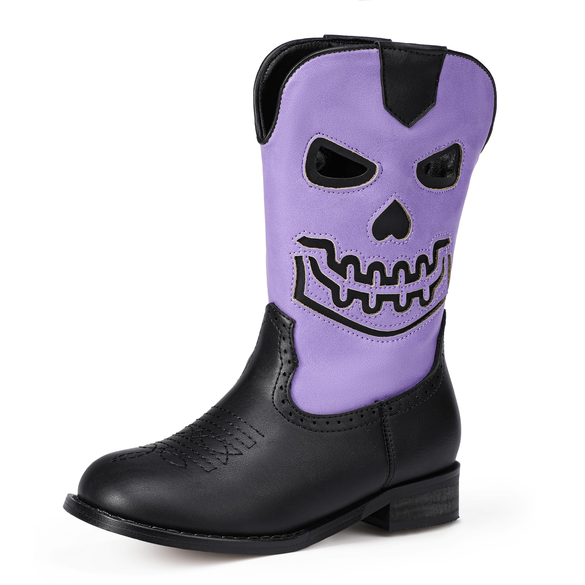 PANDANINJIA Girls Cowboy Boots For Boys Kids Toddler Western Mid Calf Cowgirl Boots Riding Shoes With Halloween Skull Element Booties