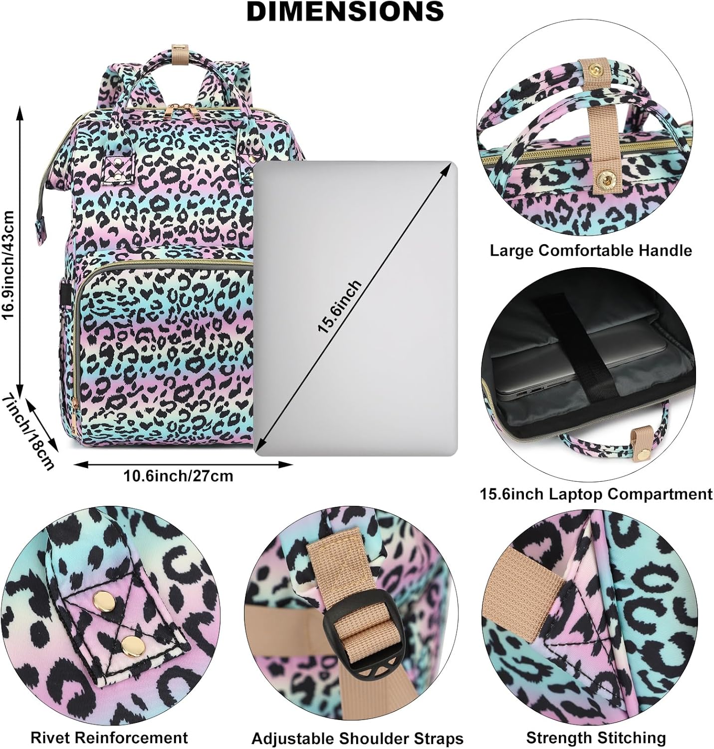 Laptop Backpack for Women, College Bookbag School Backpack Work Business Travel 15.6 Inch Computer Backpacks (Leopard) - Image 5