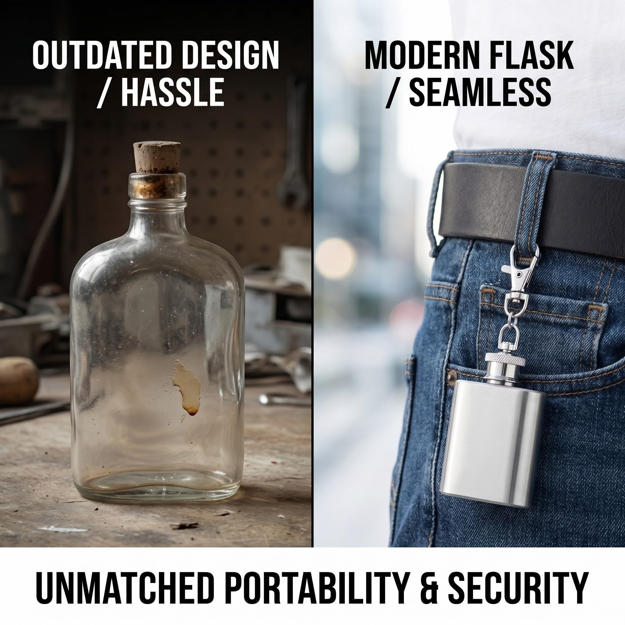 Flachmann Edelstahl mit Schlüsselanhänger, Robuster Reise-Trinkbecher mit Trichter, 28ml Hip Flask für Outdoor-Party JGA Geschenk