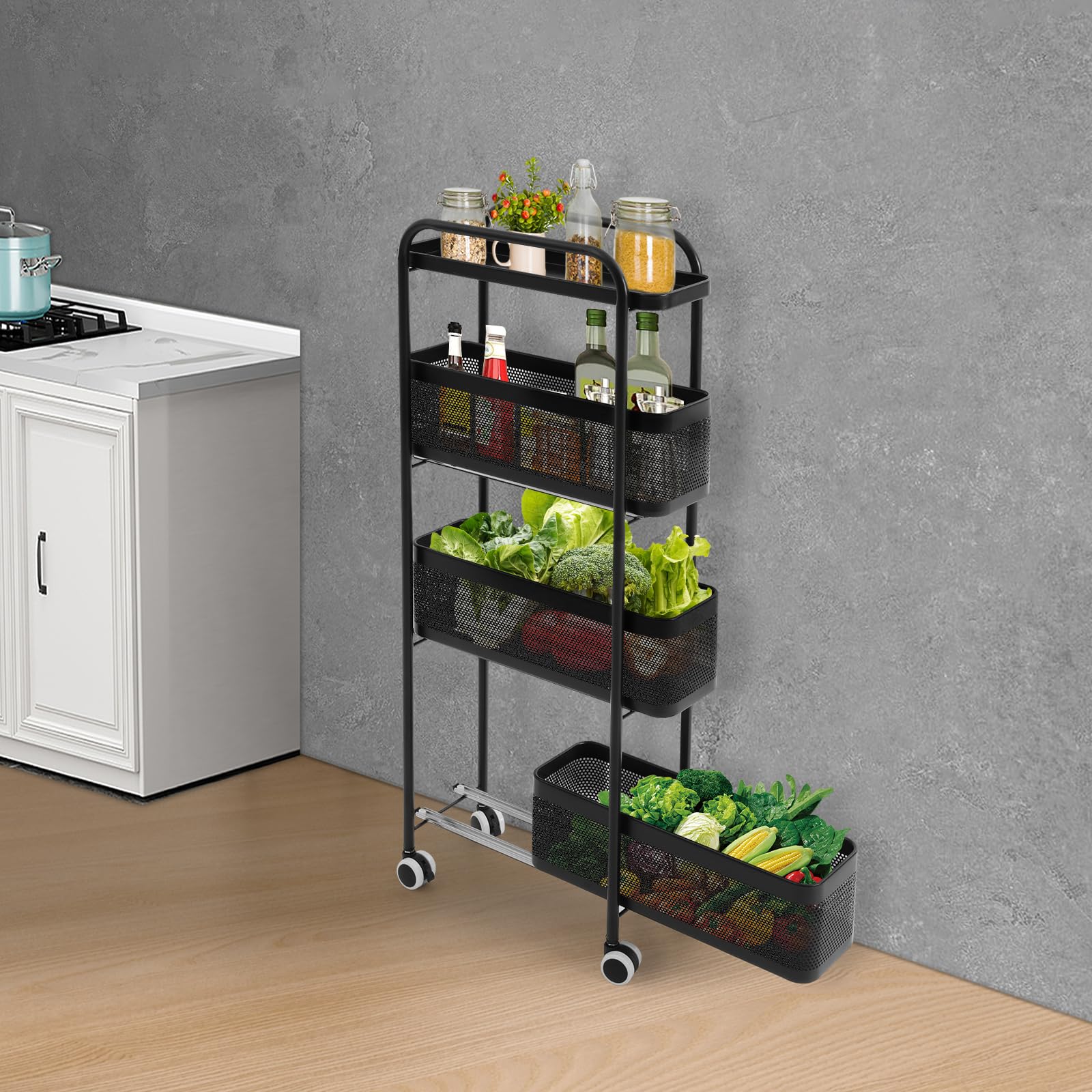 Carrello sottile con 4 cesti estraibili, carrello per nicchia, carrello da cucina sottile, in acciaio al carbonio, salvaspazio, versatile, per cucina, bagno, soggiorno