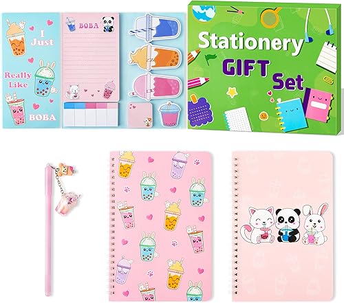 Xqumoi Boba Sticky Notes A5 - Juego de cuadernos de notas autoadhesivas de té de burbujas, paquete de 2 cuadernos en espiral, bolígrafo de gel