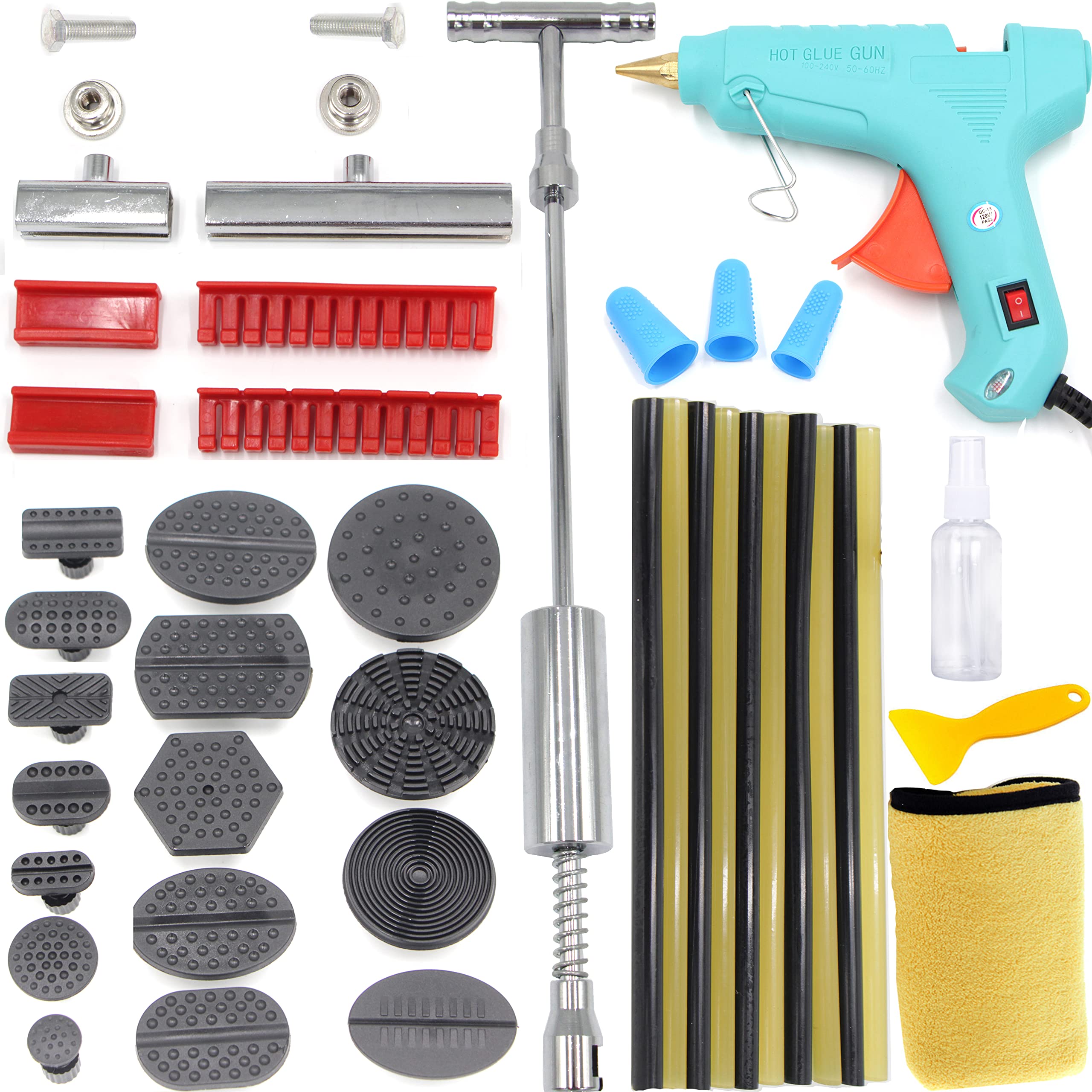 TooCust Auto Body Paintless Dent Repair Tool & 120W Hot Melt Glue Gun & Suction Tabs for Large Long Dent - Dent Repair kit with Slide Hammer T bar Dent Puller Dent Removal Dent Remover