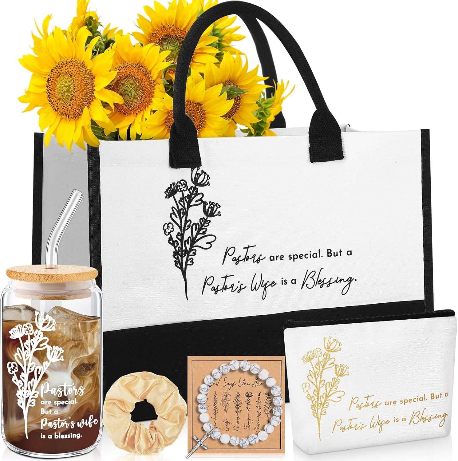 7 Pcs Pastor's Wife Appreciation Gifts Canvas Tote Bag Glass Bracelet Hair Makeup Bag Scrunchy Christian Inspirational Religious Thank You Gifts for Pastors Wife Women Christmas(White)