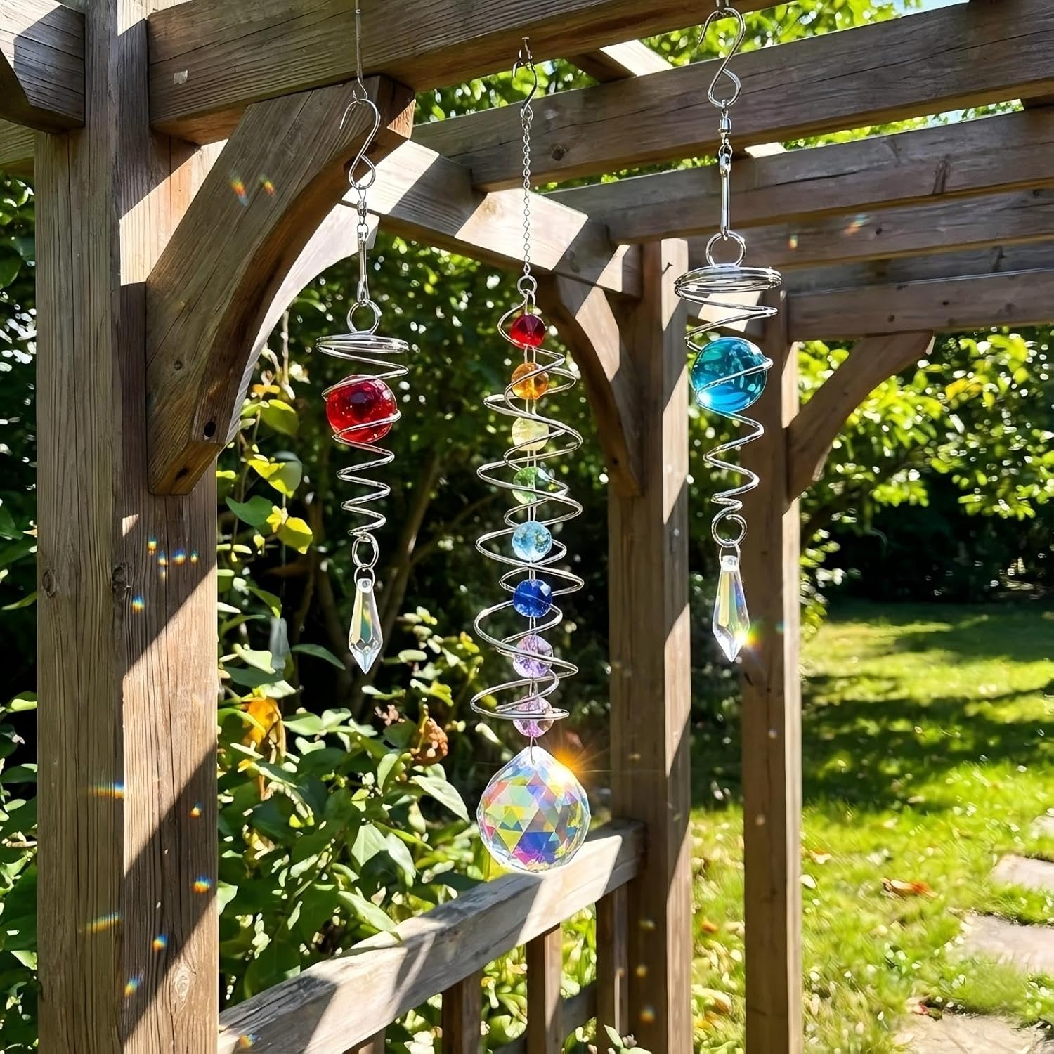 3pc Gazing Ball Spiral Tail Wind Spinner with Crystal Suncatcher Prism Rainbow Maker Hanging Ornament for Window Garden Yard Decorative Indoor Outdoor Home Decor Car Mirror Accessory