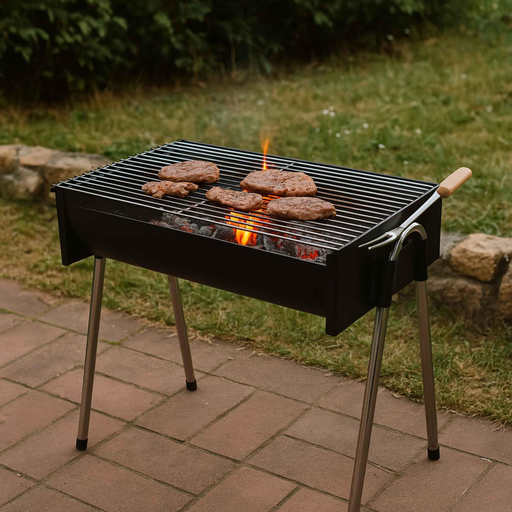 Barbecue demi-tonneau compact et résistant, idéal pour vos barbecues en plein air, avec grille chromée et pieds en acier inoxydable,