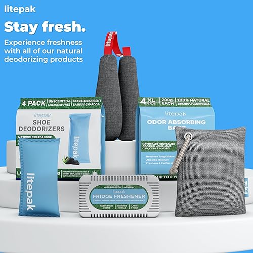 Miniatura 10 de Litepak Desodorizador y eliminador de olores para nevera, más potente que el bicarbonato de sodio, bolsas de carbón activado de bambú, absorbentes