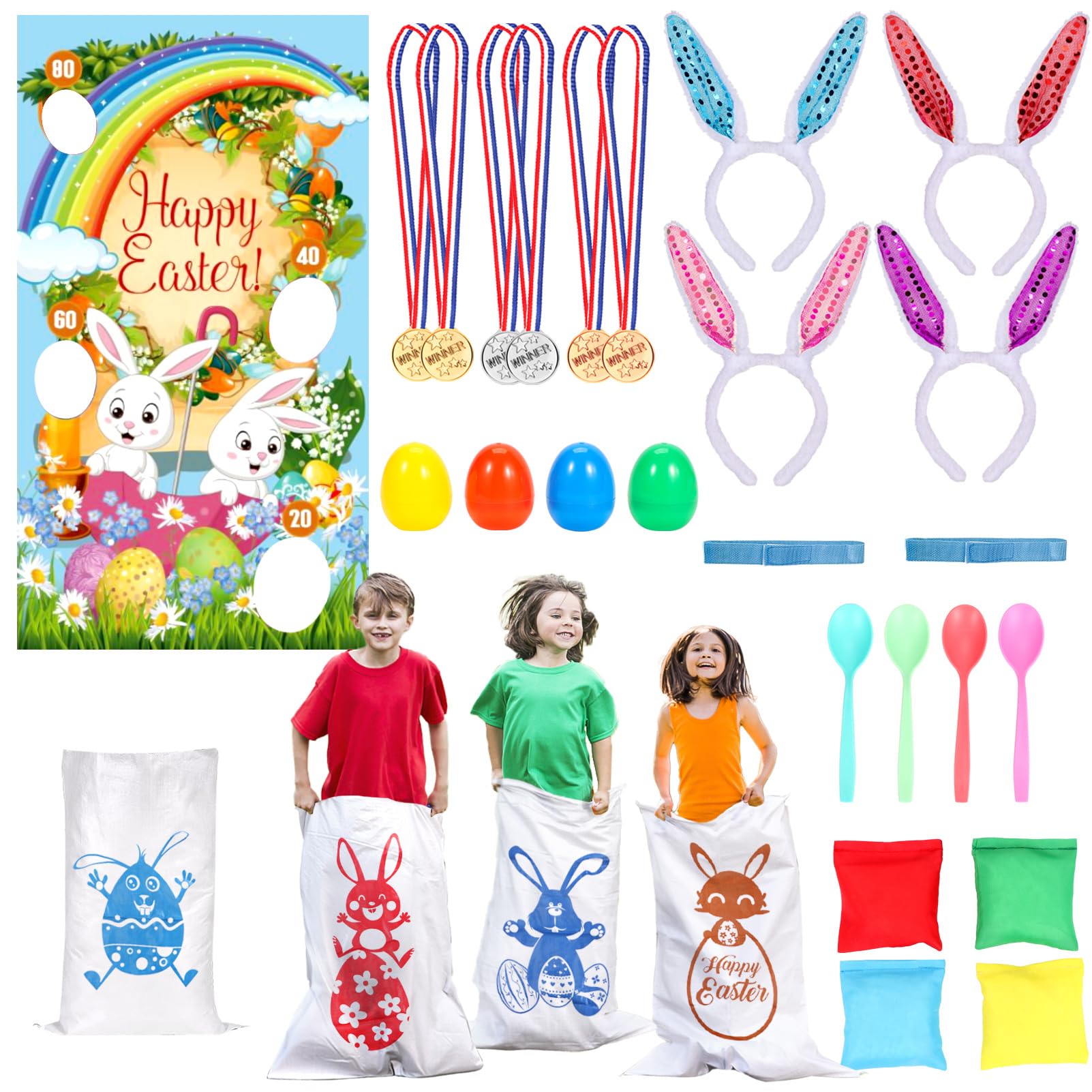 Atonofun Easter Outdoor Party Games for Kids, Potato Sack Race Jumping Bags, Bunny Ears Headbands, Egg and Spoon Race, Legged Relay Race Bands for Easter Theme Party Favor, Easter Eggs Hunt Game