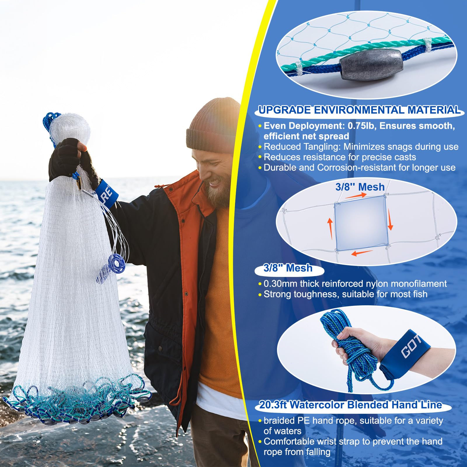 Goture American Fishing Cast Net Saltwater Freshwater, Heavy Duty Sinker, Dual Color Double Selvage, Increased Cast Net Area, 3/8 Mesh Fish Throw Cast Net with Needle for Shrimp Trap, 5Ft Radius