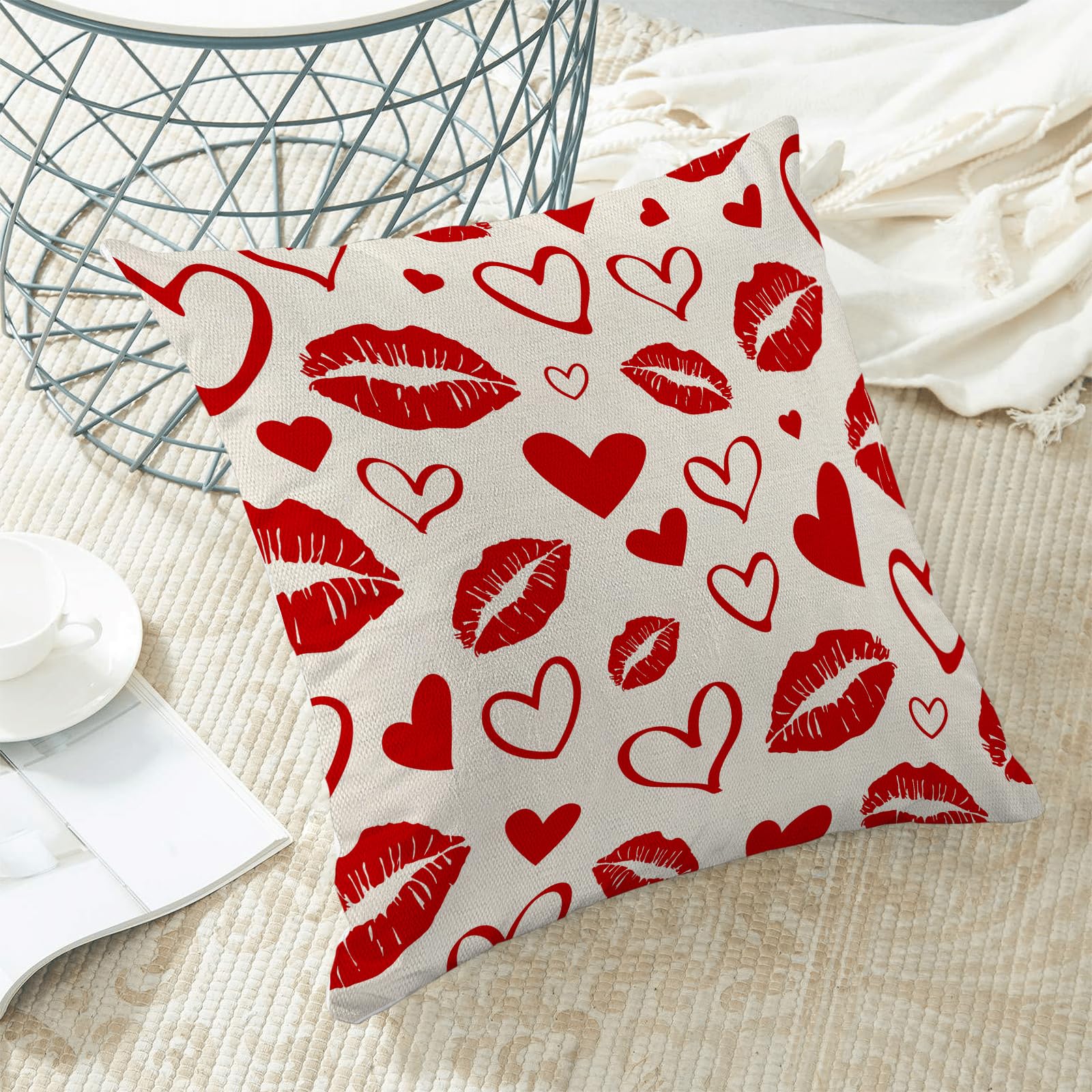 Set 2 Federe Per Cuscini San Valentino Rosse 45x45 Cm - Misto Lino Con Stampa Cuore, Per Divano E Letto - 2