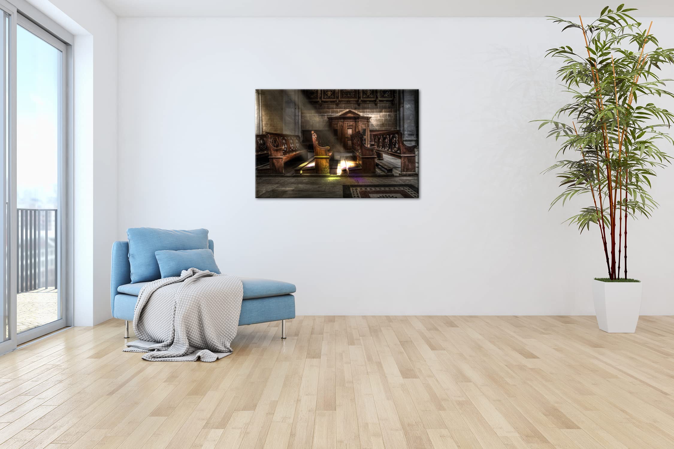 deyoli Jasno oświetlona ławka kościelna, format: 75 x 50 cm jako obraz na płótnie, motyw oprawiony na ramie z prawdziwego drewna, wysokiej jakości druk cyfrowy z ramą