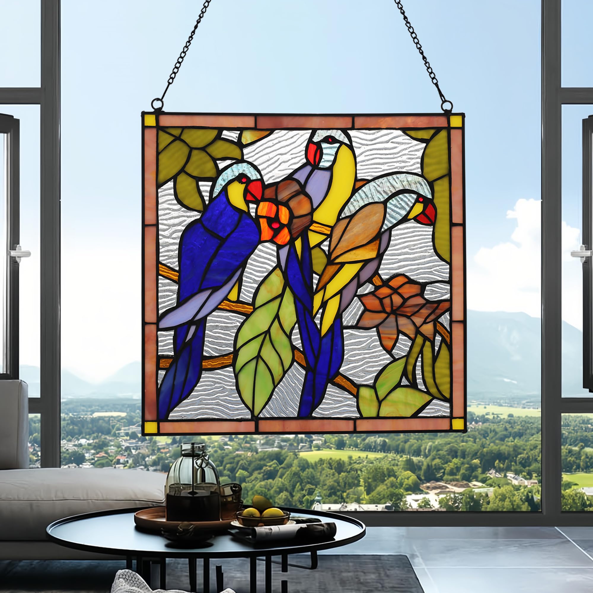 Quadratisches Buntglas-Fensterpaneel, handgefertigt, Tiffany-Stil, 30,5 cm, perfekt für Wohnzimmer, Schlafzimmer, Küche, Dekoration, Einweihungsgeschenk (Papagei)
