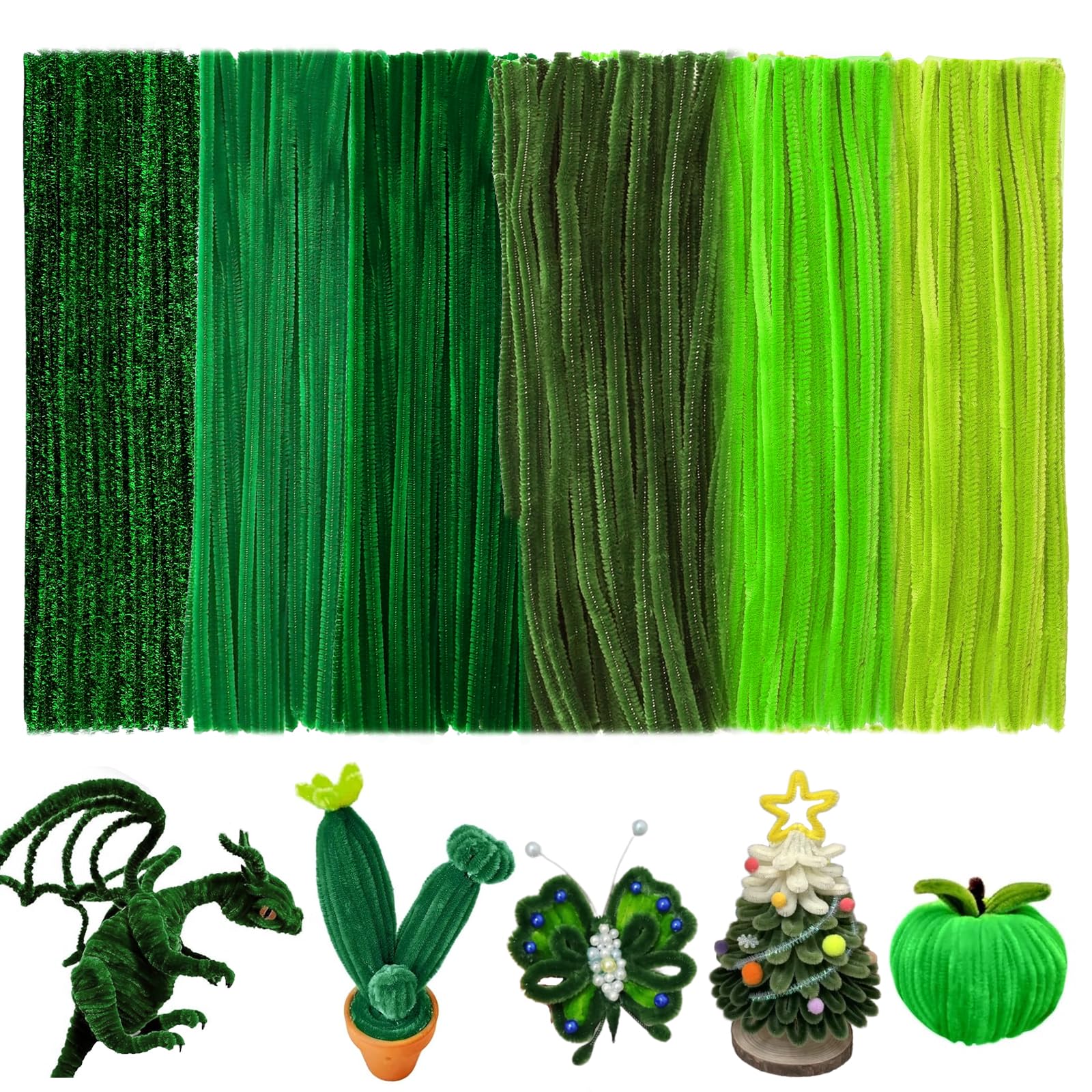 300 Stk kleurrijke pijpenreinigers voor knutselen 6 verschillende groene pijpenreinigers buigpluche knutseldraad 30 cm chenilledraad pijpenschoonmaakdraad voor creatieve DIY-projecten en
