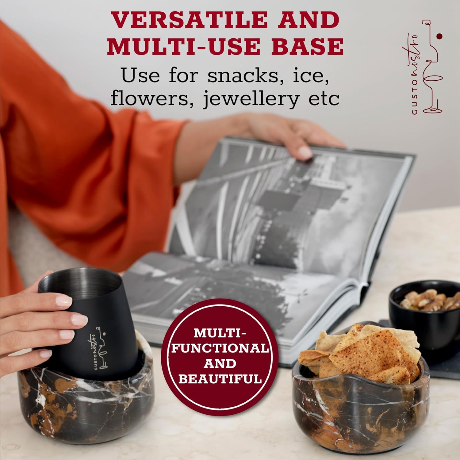 Gusto Nostro Marble Wine Chiller for Glass and Stainless Steel Tumbler Set of 2 - Wine Glass Chiller Holder for Freezer - Cool Set of Two Chillers & Stemless Wine Metal Tumblers for Home, Bar (Black) - Image 4