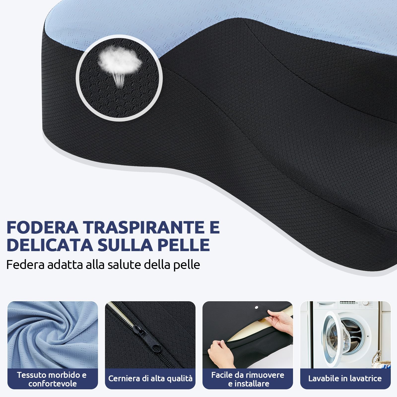 DONAMA Almohada cervical para dormir, cojín cervical ergonómico para dormir de lado, espalda y boca abajo con funda de almohada extraíble y lavable (azul y negro, 66 x 37 x 13 cm)
