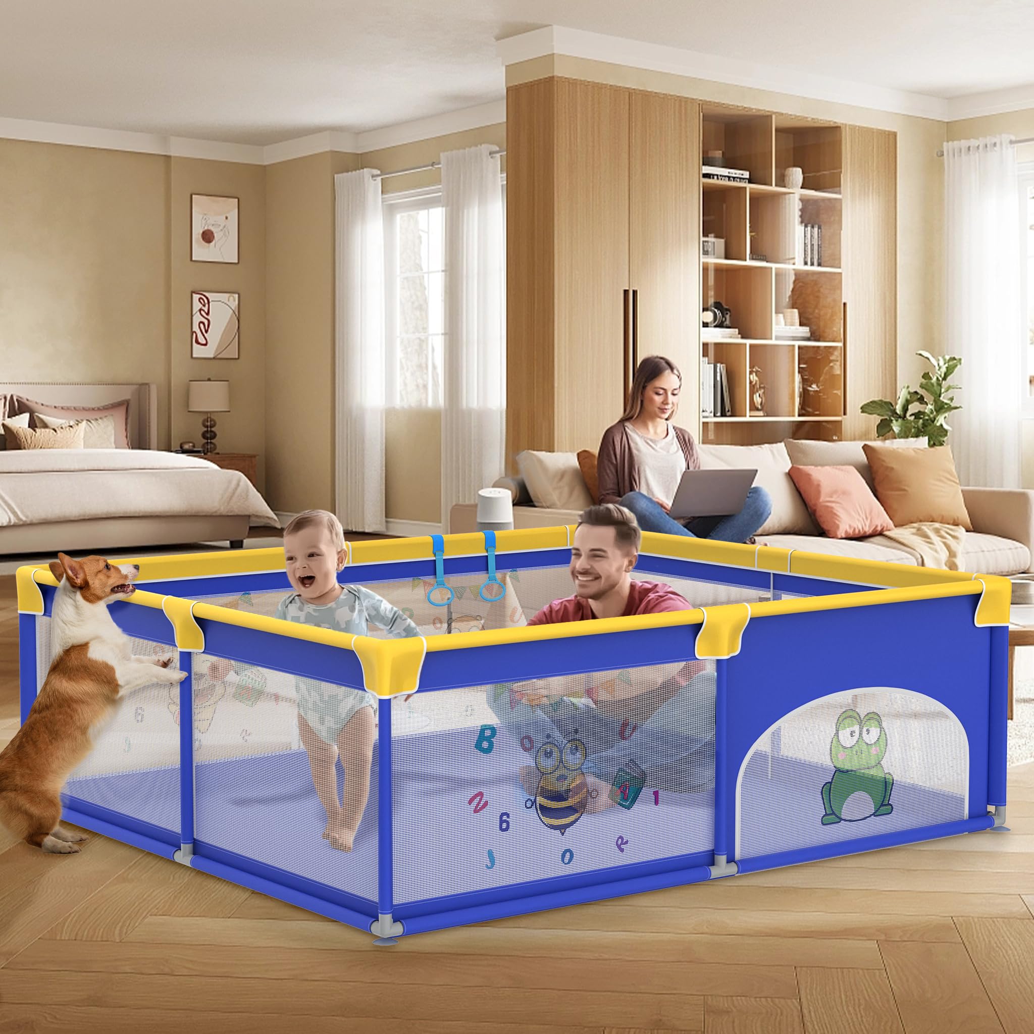 Aufun Box per Bambini, Tela 300D Oxford, con Schiuma Anti-Collisione, Griglia di Blocco, Rete Traspirante, Cerniera (Blu, 180x200x68 cm)