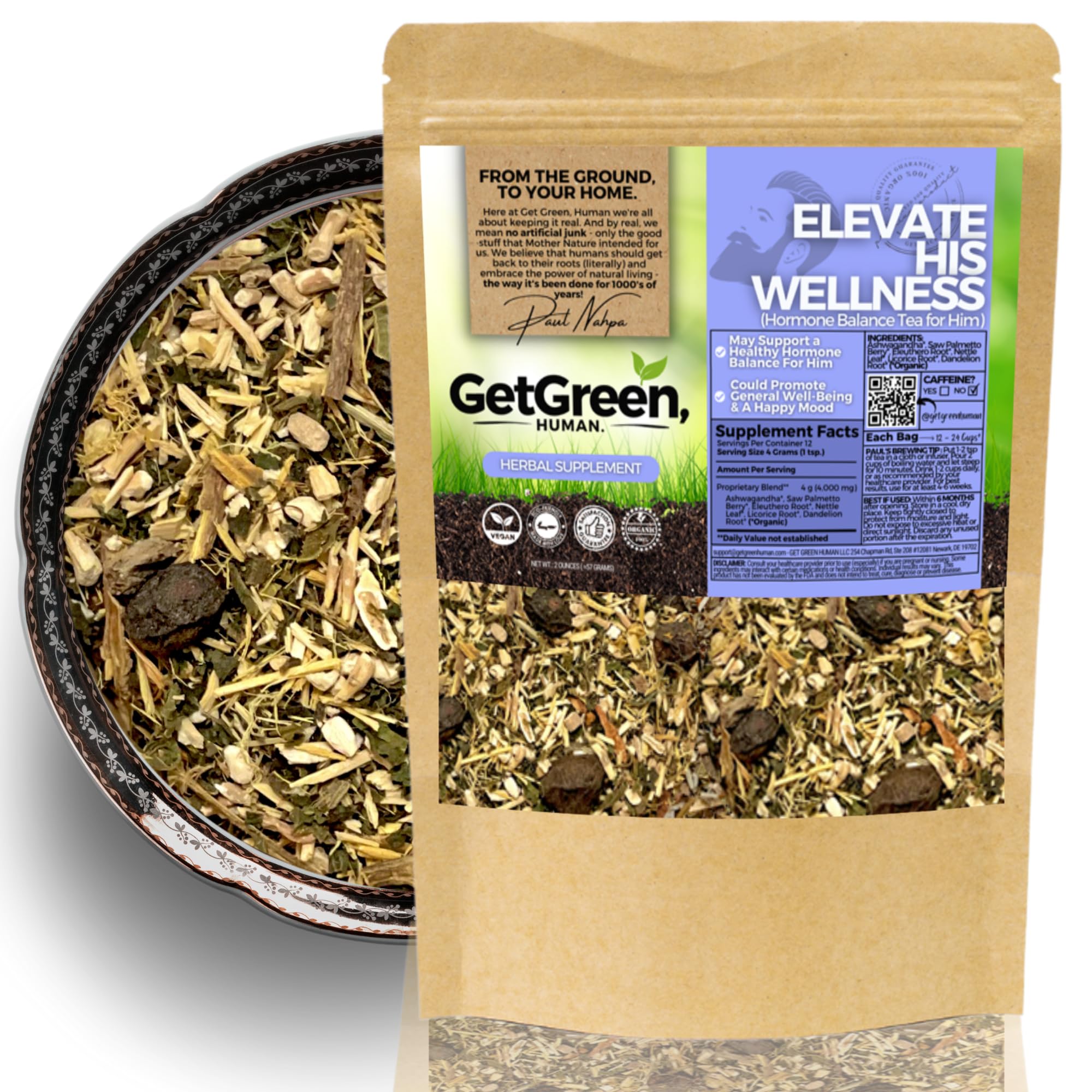 Healthy Hormone Balance Loose Leaf Tea For Him w/ Ashwagandha, Saw Palmetto Berry | Organic Herbal Tea | 2 oz (57 gram) | Decaf, Vegan, Healthy, No Caffeine, Organic, Herbs, No Natural or Artificial Flavors, Resealable Kraft Bag | Elevate His Wellness By Get Green, Human