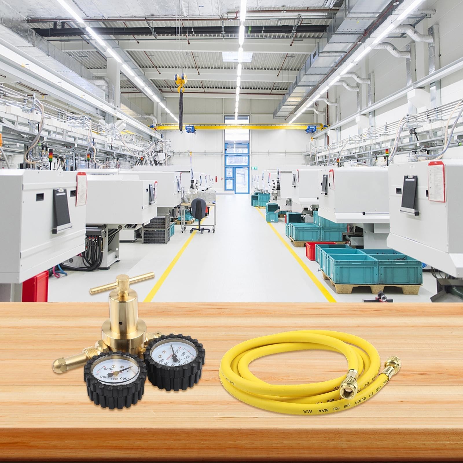 Regolatore di pressione azoto in ottone con connettori G5/8 e CGA580, ingresso 1-200 bar, uscita 1-60 bar, manometro integrato da 200 bar, portata 25 m³h, tubo da 2 m per uso industriale (B)