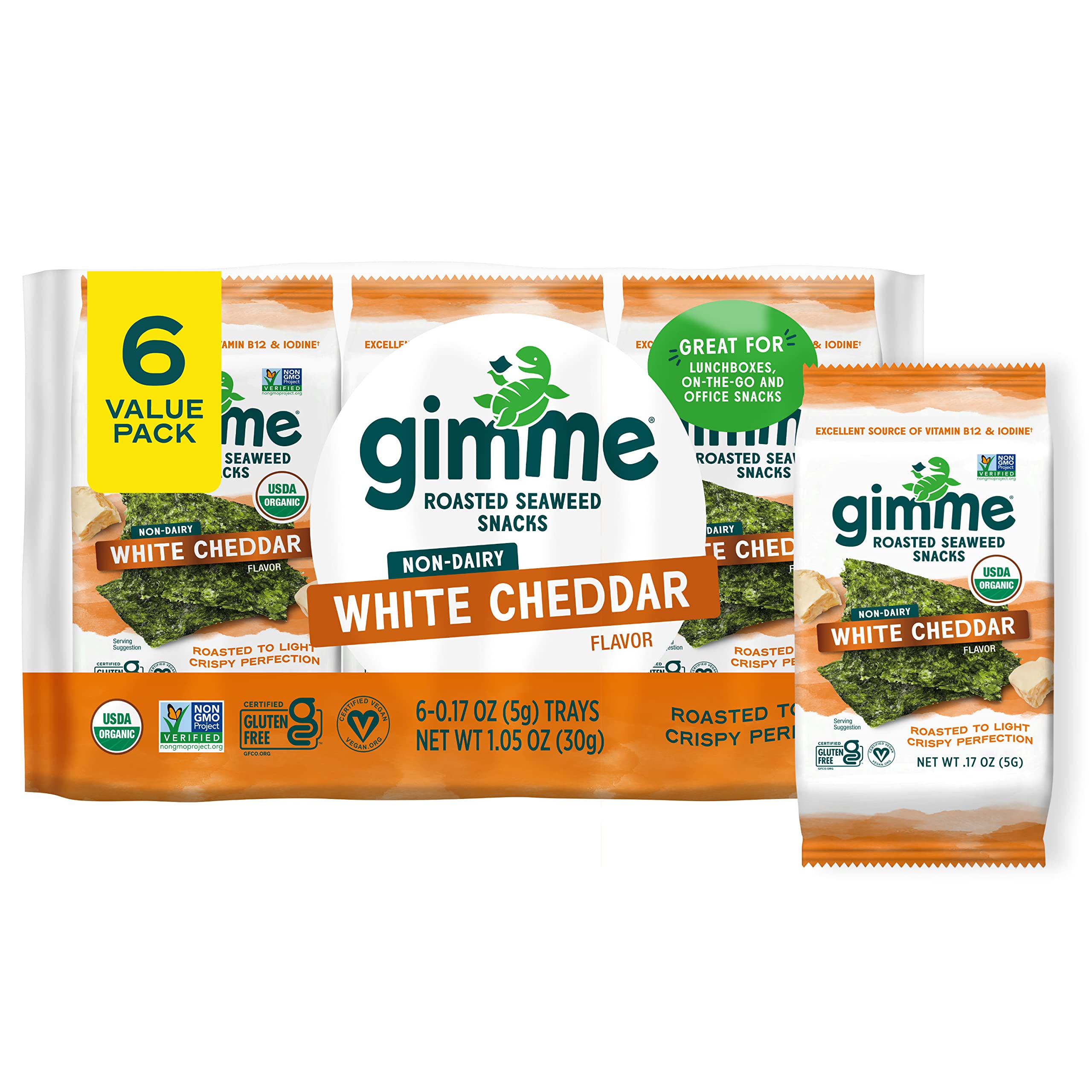 Gimme Seaweed - White Cheddar - 6 Count - Organic Roasted Seaweed SheetsKeto, Vegan, Gluten Free - Great Source of Iodine & Omega 3’s - Healthy On-The-Go Snack for Kids Adults
