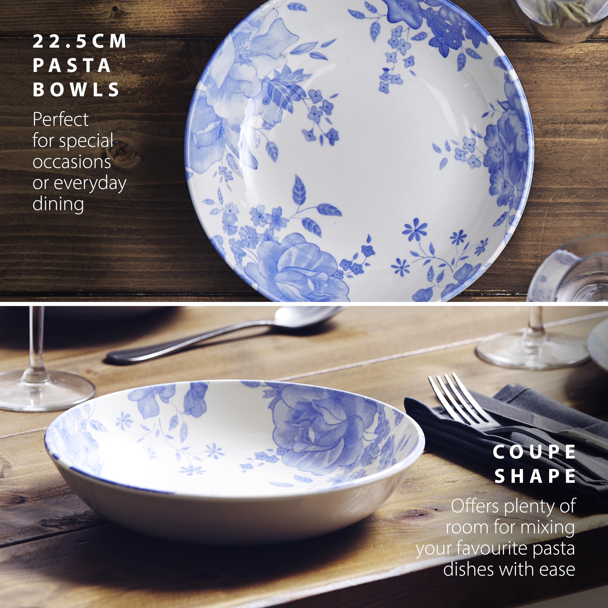 Wade Blue Floral Set of 4 Pasta Bowls with Pale Blue & White Floral Pattern, Crafted from Earthenware, Made in Stoke-on-Trent - Image 3