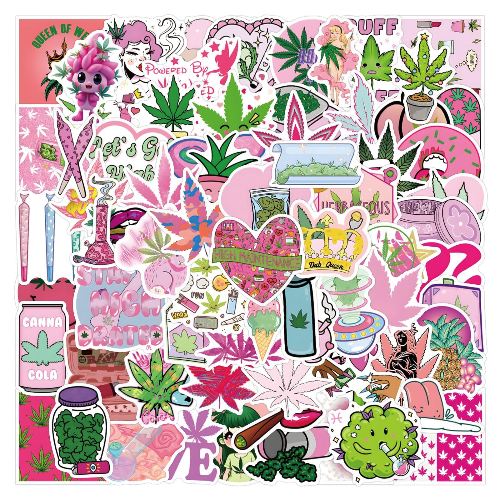 110Pcs Pink Weed Stickers for Adults, Kawaii Marijuana Decals, Cute Weed Stickers for Girl,Aesthetic Weed Gift Vinyl Waterproof Sticker for Water Bottle Laptop Skateboard Phone (Pink)
