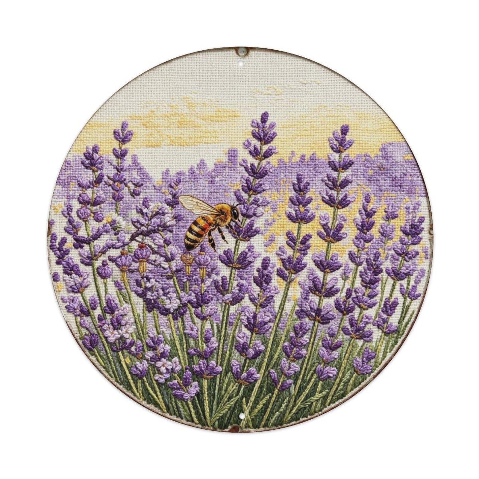 Lavender Honey Bee Embroidery Metal Tin Sign Plaque