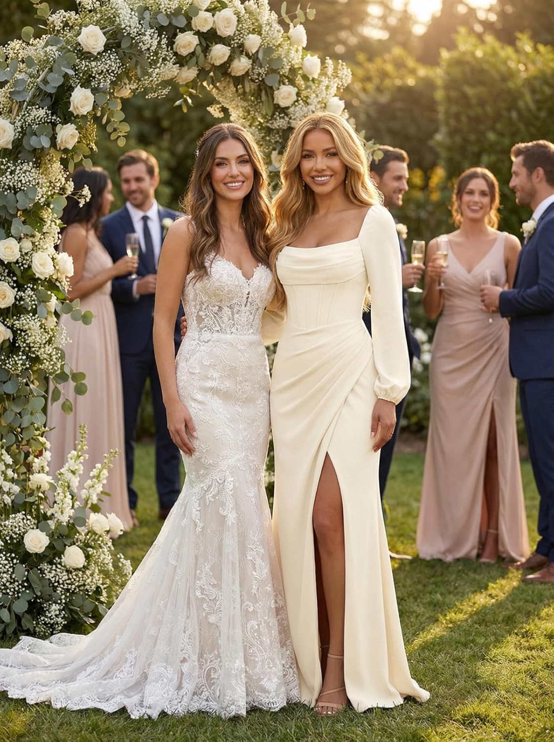 Long Sleeve Bridesmaid Dresses for Women Chiffon Square Neck A-line Pleated Wedding Guest Dress with Slit - Image 5