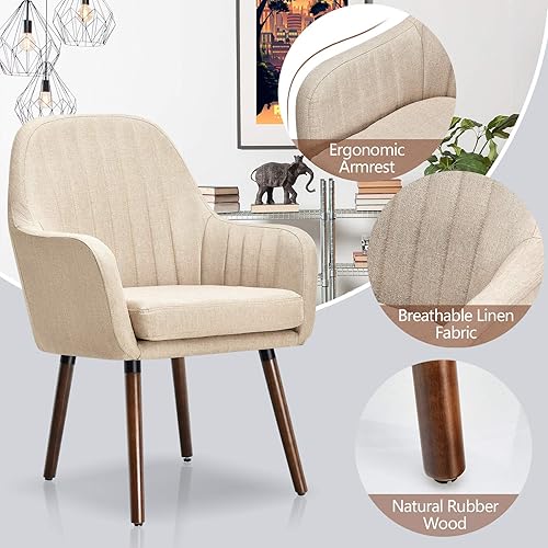 Miniatura 6 de Giantex - Butacas tapizadas con patas de madera de caucho, asiento de esponja gruesa, almohadillas antideslizantes, tela de lino, cómodas sillas de