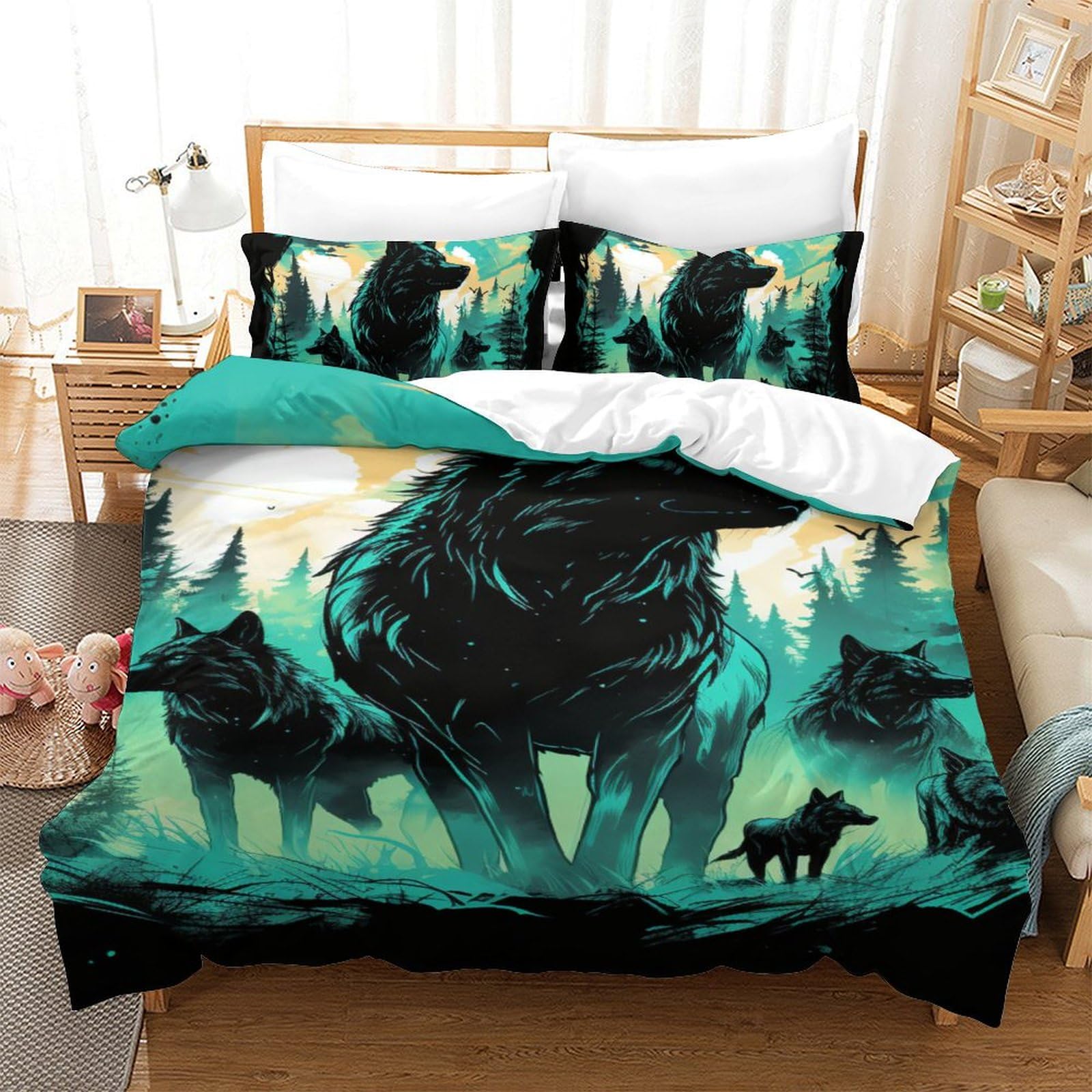 Housse de couette Loup 3D 140x200cm en microfibre avec taie d'oreiller pour lit simple
