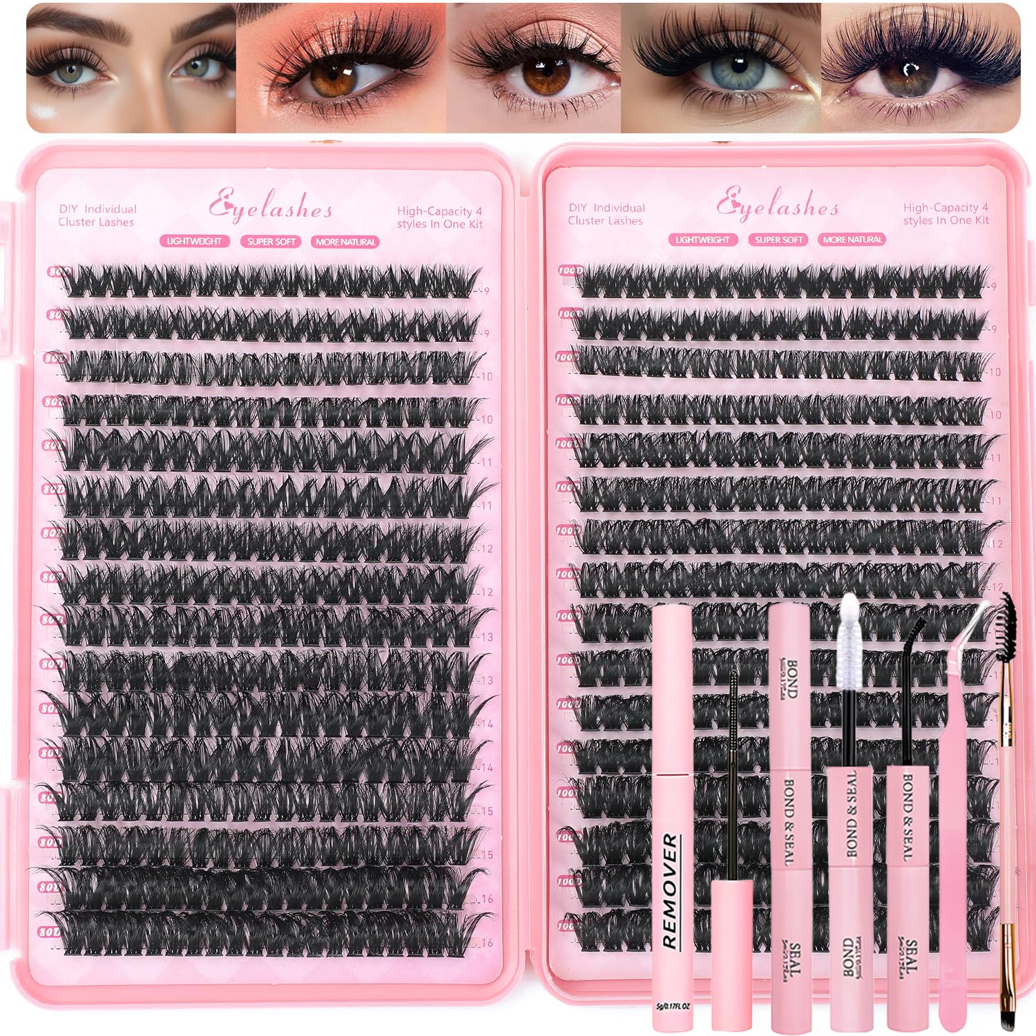 Lash Clusters Kit, 640 Pcs Eyelashes Clusters Extensions Kit 9-16mm Individual Lashes D Curl Fluffy Wispy False Eyelashes Thin Band, with Bond Seal