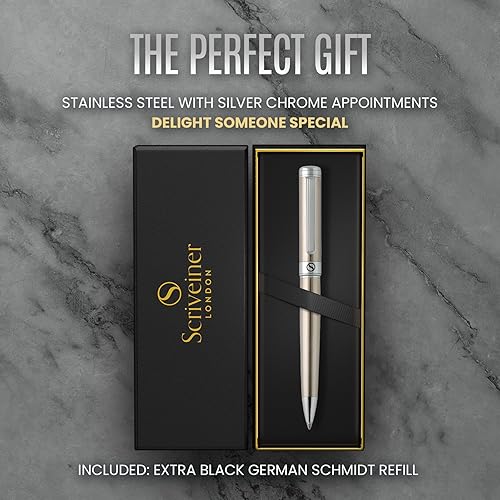 Miniatura 3 de Scriveiner Bolígrafo de acero inoxidable, impresionante bolígrafo de lujo con acabado de acero inoxidable, repuesto Schmidt negro, el mejor juego de