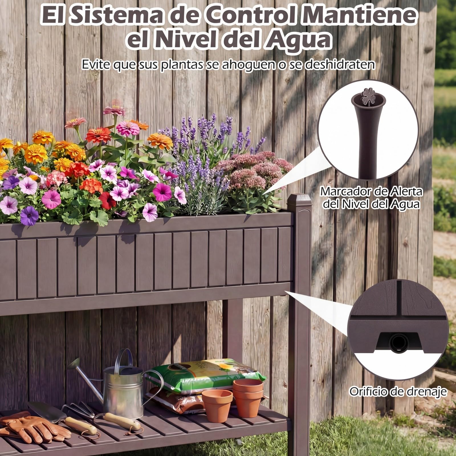 COSTWAY Huerto Urbano Elevado Mesa de Cultivo con Ruedas, Caja de Planta Divisible con Monitor de Agua, Orificio de Drenaje y Estante para Verduras y Hierbas, para Cultivo Plantas Flores Verduras
