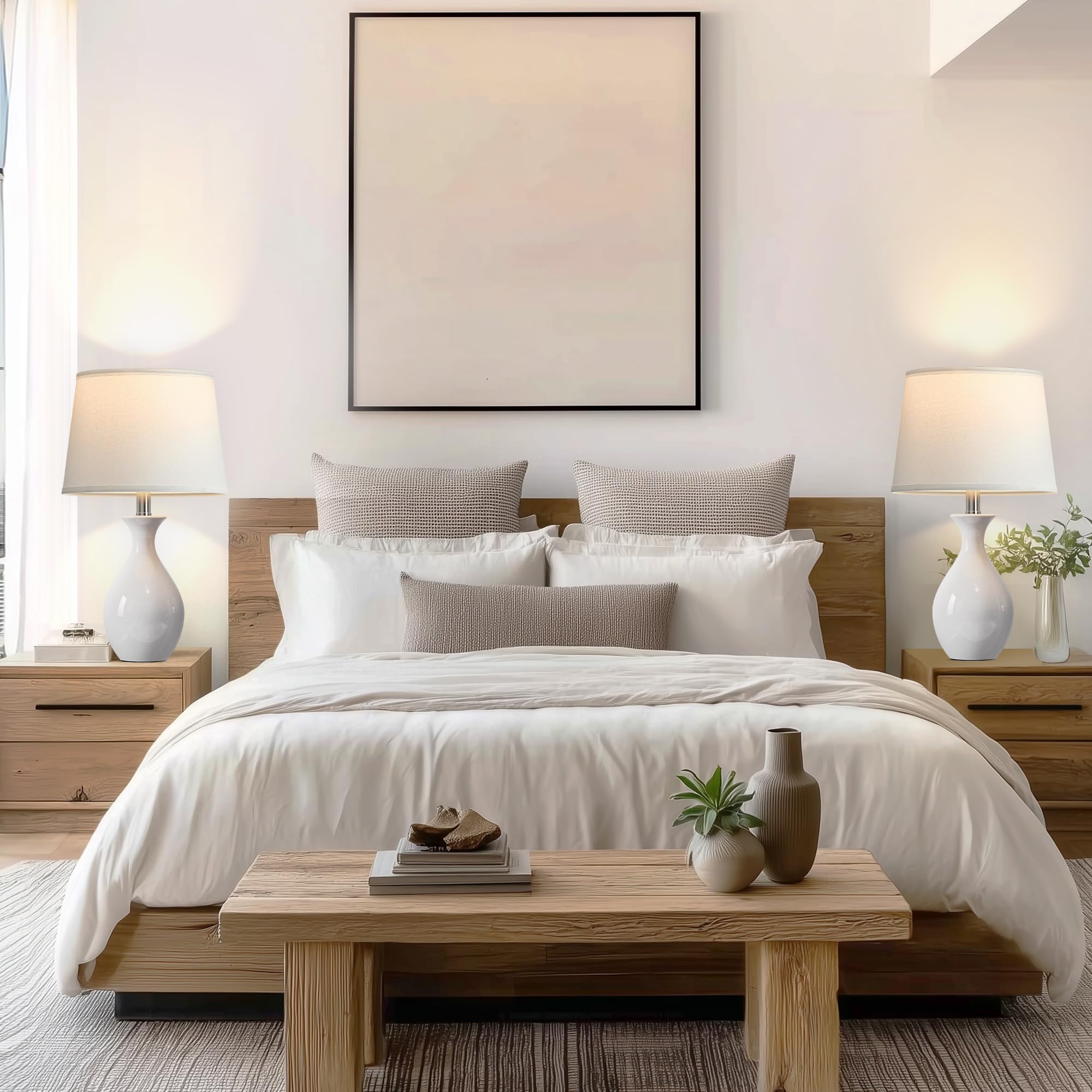 PARTPHONER Tischlampe 2er Set, Moderne Keramik Nachttischlampen für Nachttische, Klassische Kleine Lampe Nachttischlampe für Schlafzimmer Wohnzimmer Schreibtisch Beistelltisch Wippe Swtich Weiß