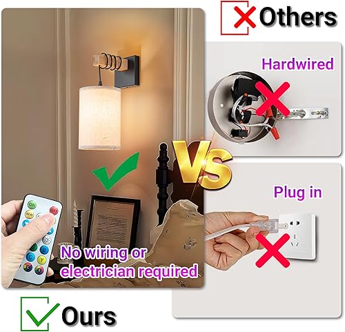 Miniatura 5 de Juego de dos apliques de pared a pilas, lámpara de pared inalámbrica con bombilla RGB recargable y control remoto, lámpara de pared regulable para