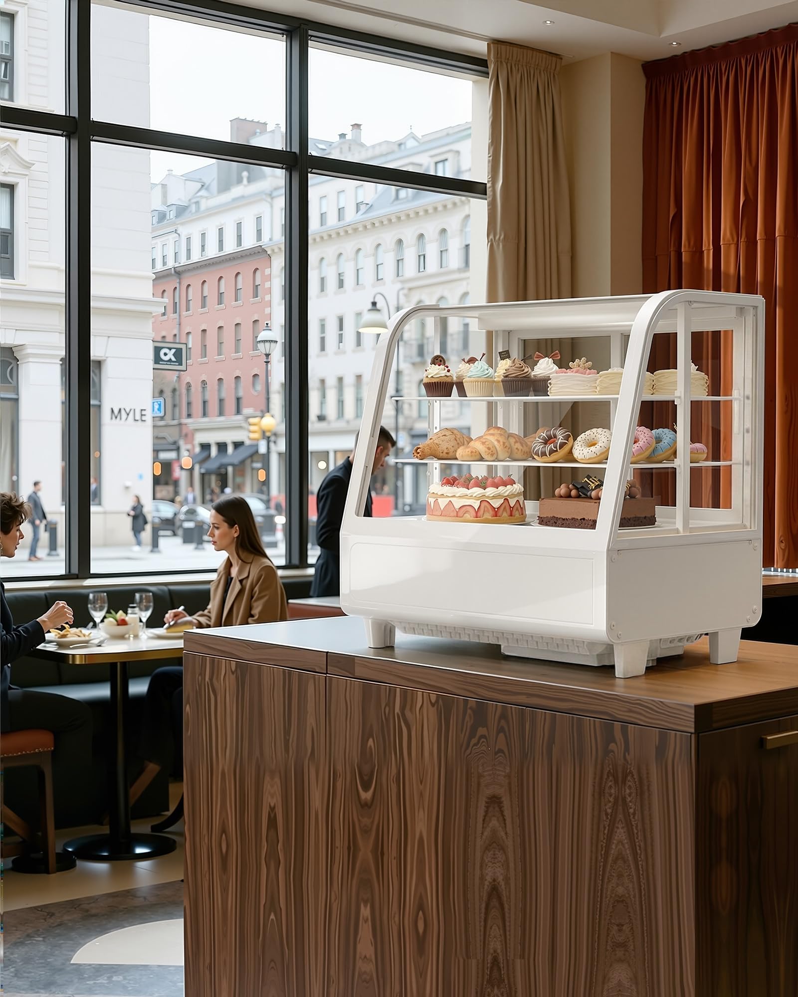 Upstreman Vitrina Refrigeradora 100L con Iluminación LED, Control Digital de Temperatura 2-10°C, 2 Estantes Ajustables, para Cafetería, Panadería y Pastelería, CD101 Blanco