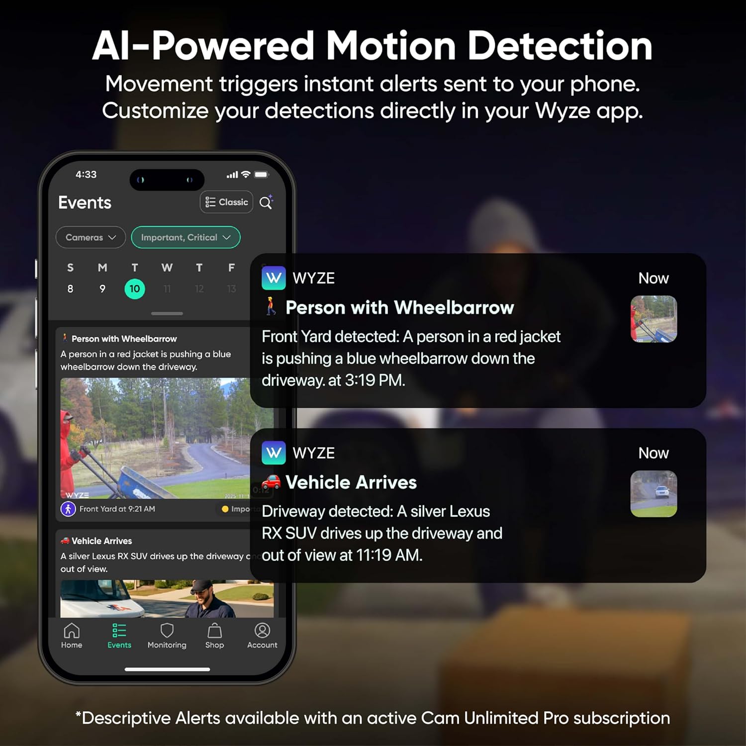 Smartphone showing Wyze app motion detection alerts