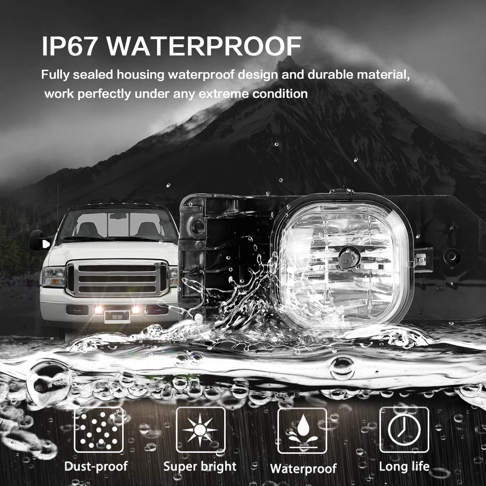Shocklight fog lights designed for specific Ford Super Duty trucks, illustrating their form factor and intended application.