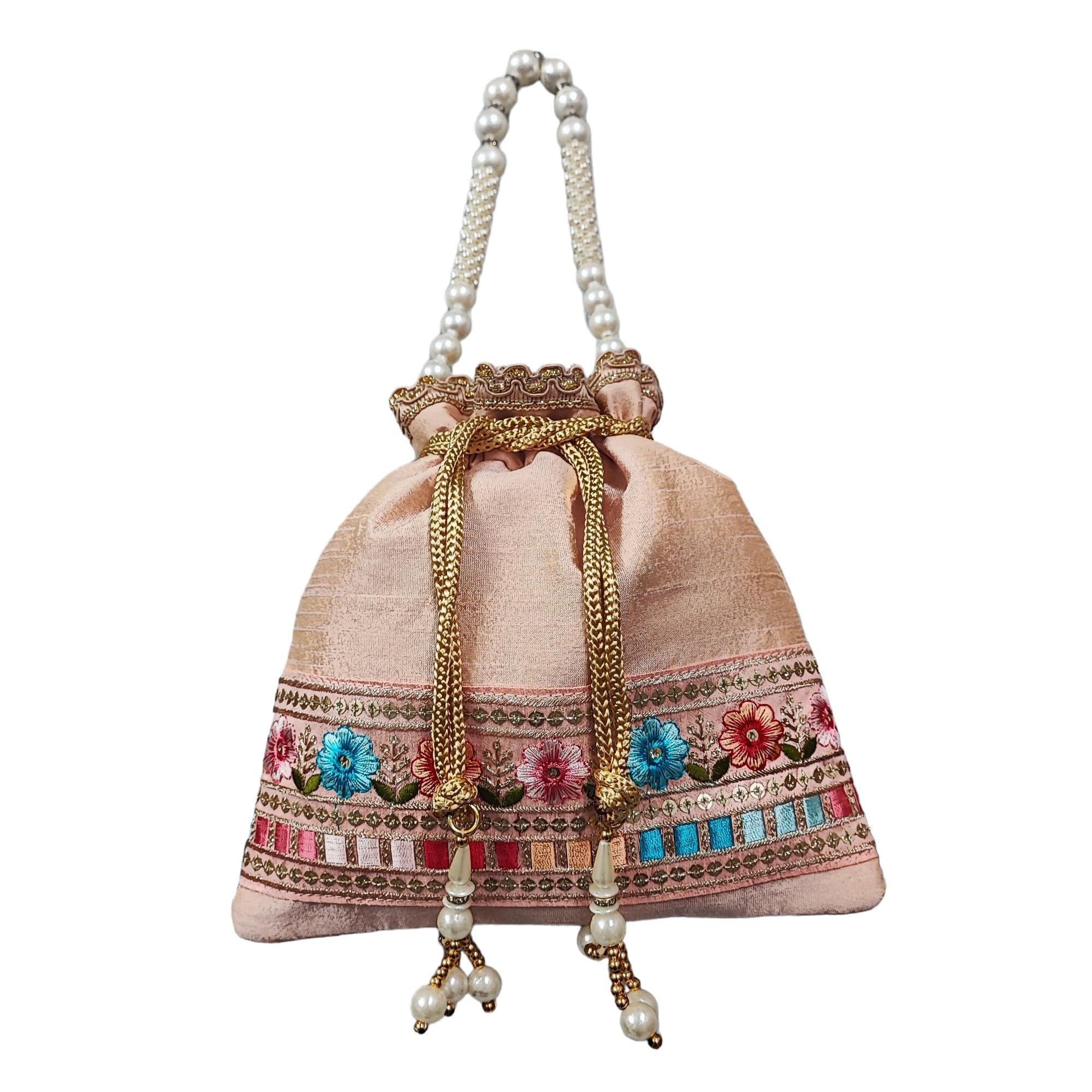 EK PAHECHAN Womens Beautiful Handmade Raw Silk Heavy Embroidery Work Ethnic Drawstring Potli Bag for Parties & Weddings (Light Gold) (B0D1CJNJCP) Amazon Price History, Amazon Price Tracker