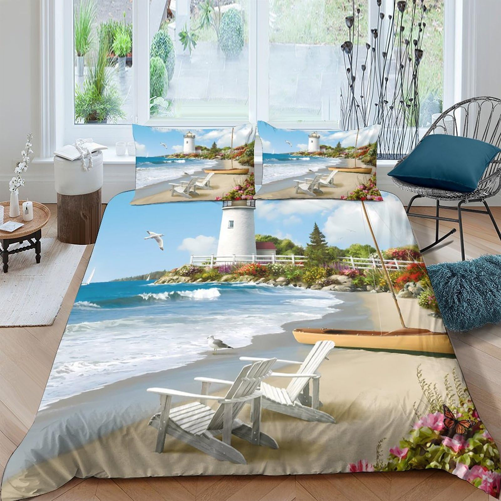 Ctjqhvkz Style-7 3D Printed Coastal Beach Fitted Sheet Microfiber Soft Lighthouse Ocean Bed Cover For Bedroom Guest Room Decor Single（135X200cm）