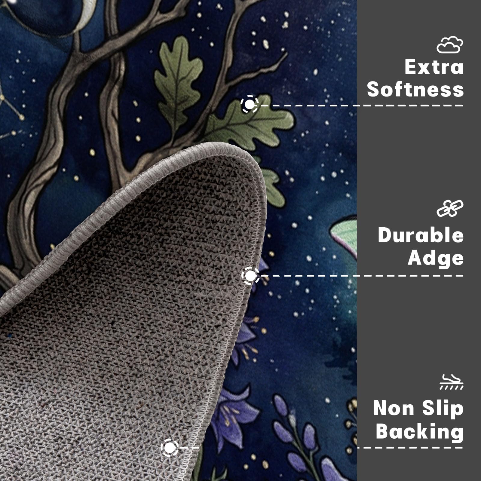 60X90Cm Zerbino Ingresso Interno Antiscivolo Assorbente, Tappeto Microfibra Sottile Lavabile Con Fasi Lunari Misteriose Cielo Stellato Gufo Foresta Incantata Per Cucina Bagno Porta Animali, Blu Navy