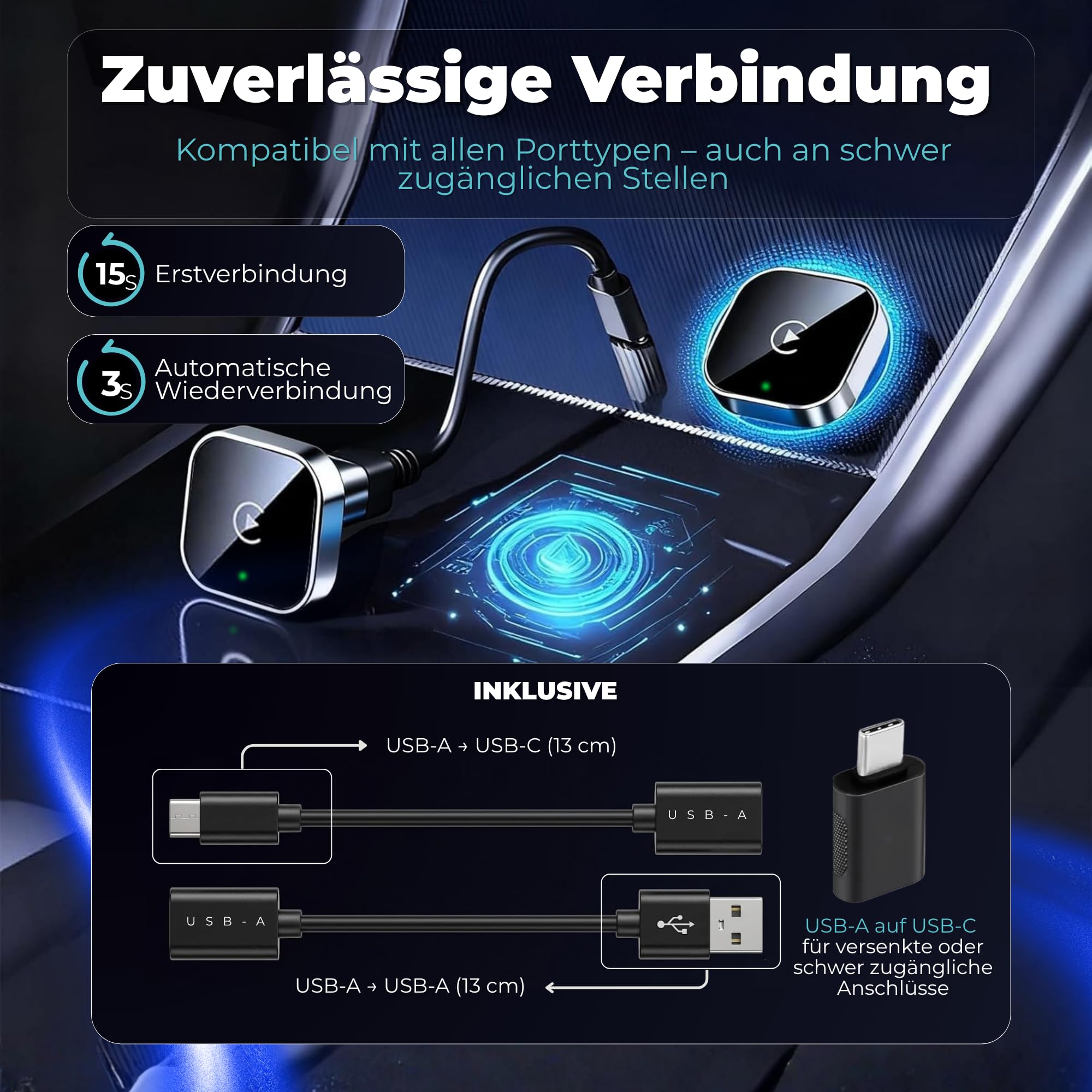Carplay Wireless Adapter 2-in-1 Mini 2026, Android Auto Wireless Adapter, Plug & Play, schnelle Wiederverbindung ca. 3 s, USB-A/USB-C, 3 Zubehörteile für schwer erreichbare Anschlüsse