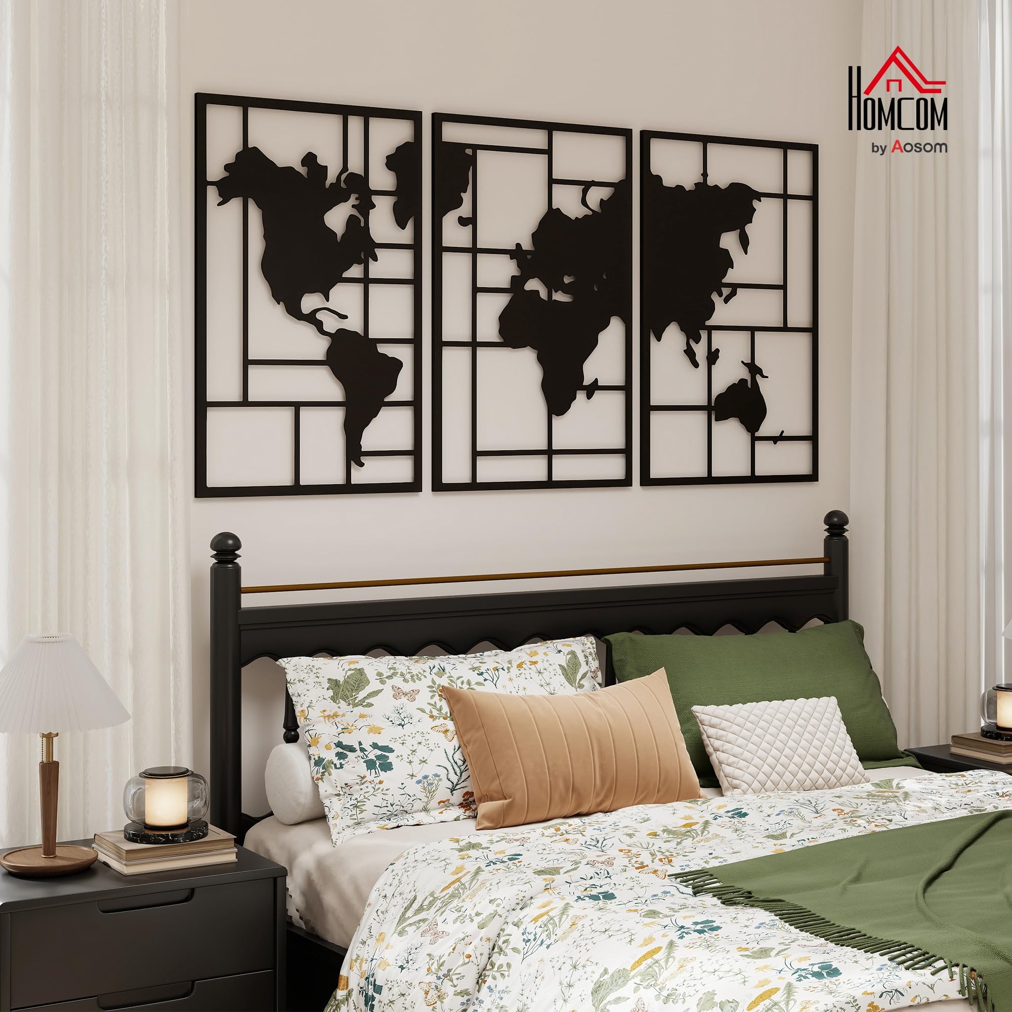 HOMCOM Decoración de Metal para Pared de Mapa Mundial, 3 Piezas, Negro | Adornos de Pared Metálicos, para Salón, Dormitorio, Pasillo
